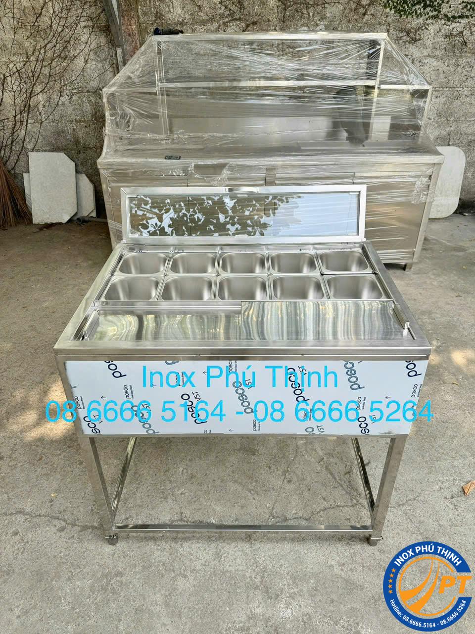 THÙNG ĐÁ CHÂN ĐỨNG 10 KHAY TOPPING KÈM NẮP KÍNH GẬP