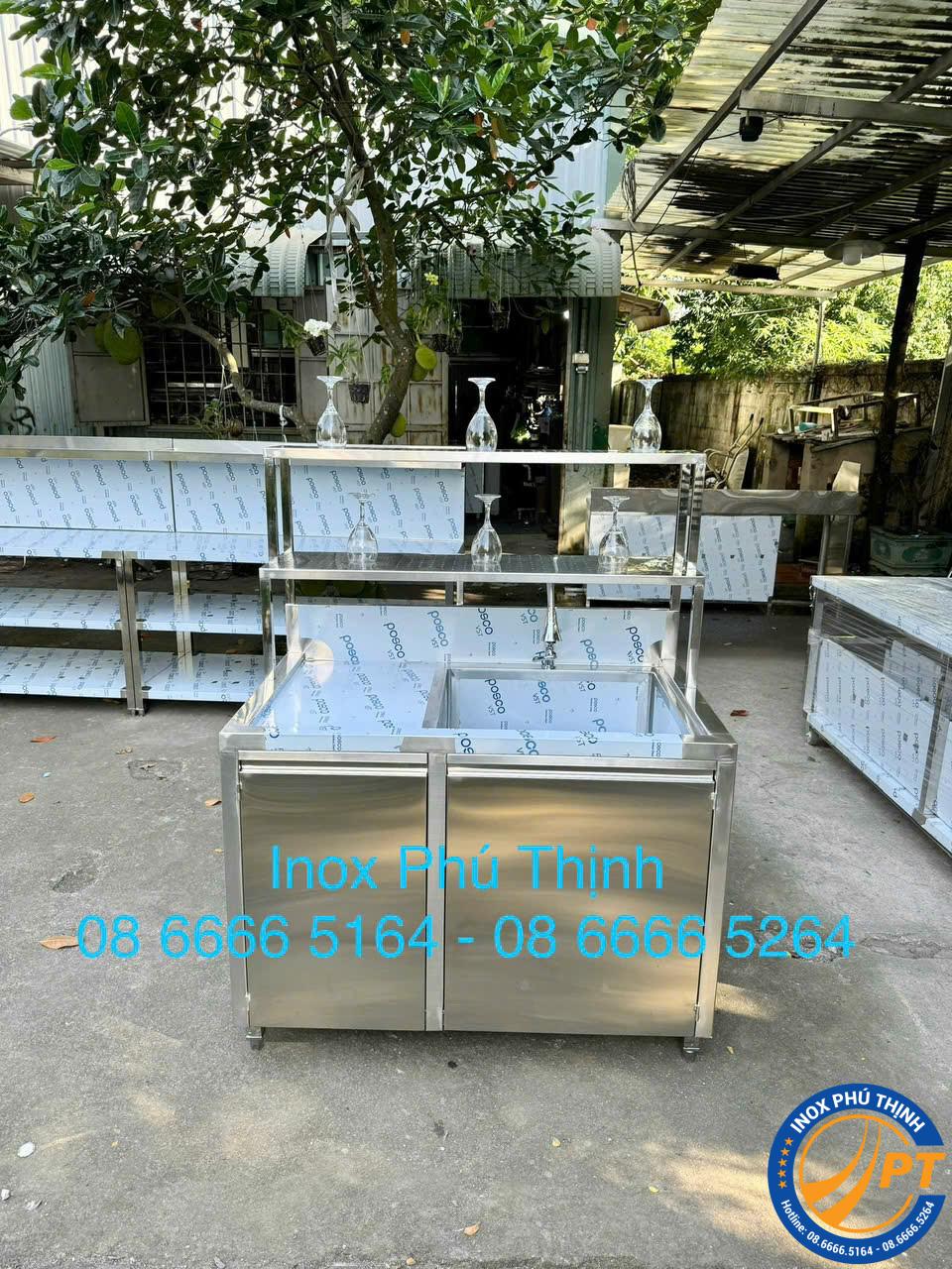 TỦ BỒN RỬA INOX KÈM KỆ ĐỘT LỖ TRÊN 2 TẦNG