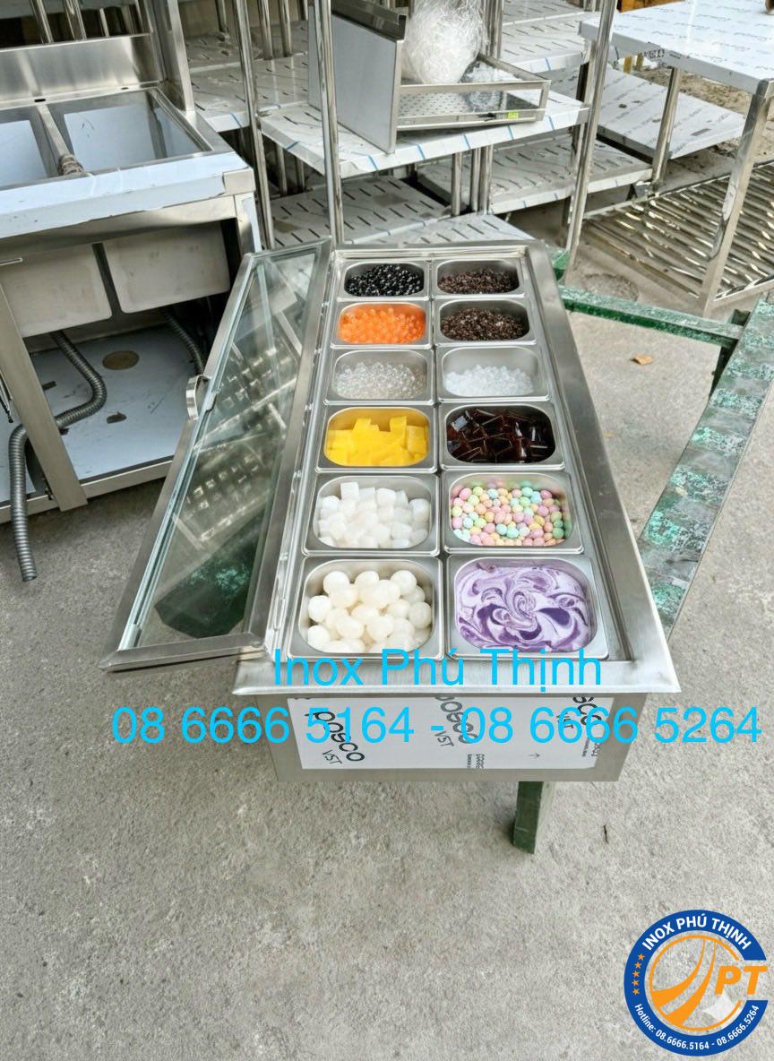 THÙNG ĐÁ INOX ÂM BÀN ƯỚP LẠNH, GIỮ NHIỆT, TRƯNG BÀY 12 KHAY THẠCH TOPPING TRÀ SỮA, TRÀ TRÁI CÂY…