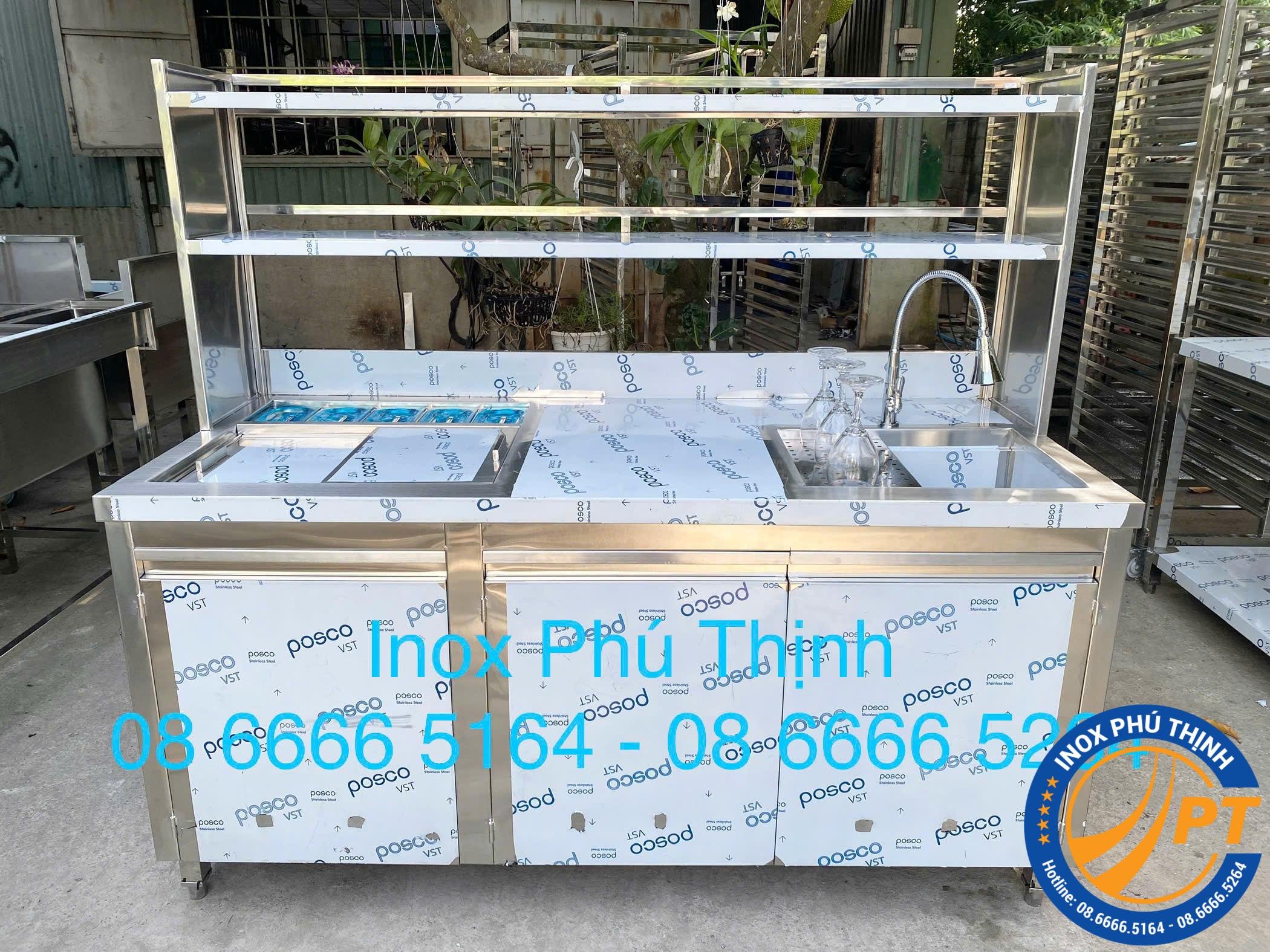 QUẦY PHA CHẾ INOX 1M6 CÓ THÙNG ĐÁ 5 KHAY TOPPING VÀ CHẬU RỬA